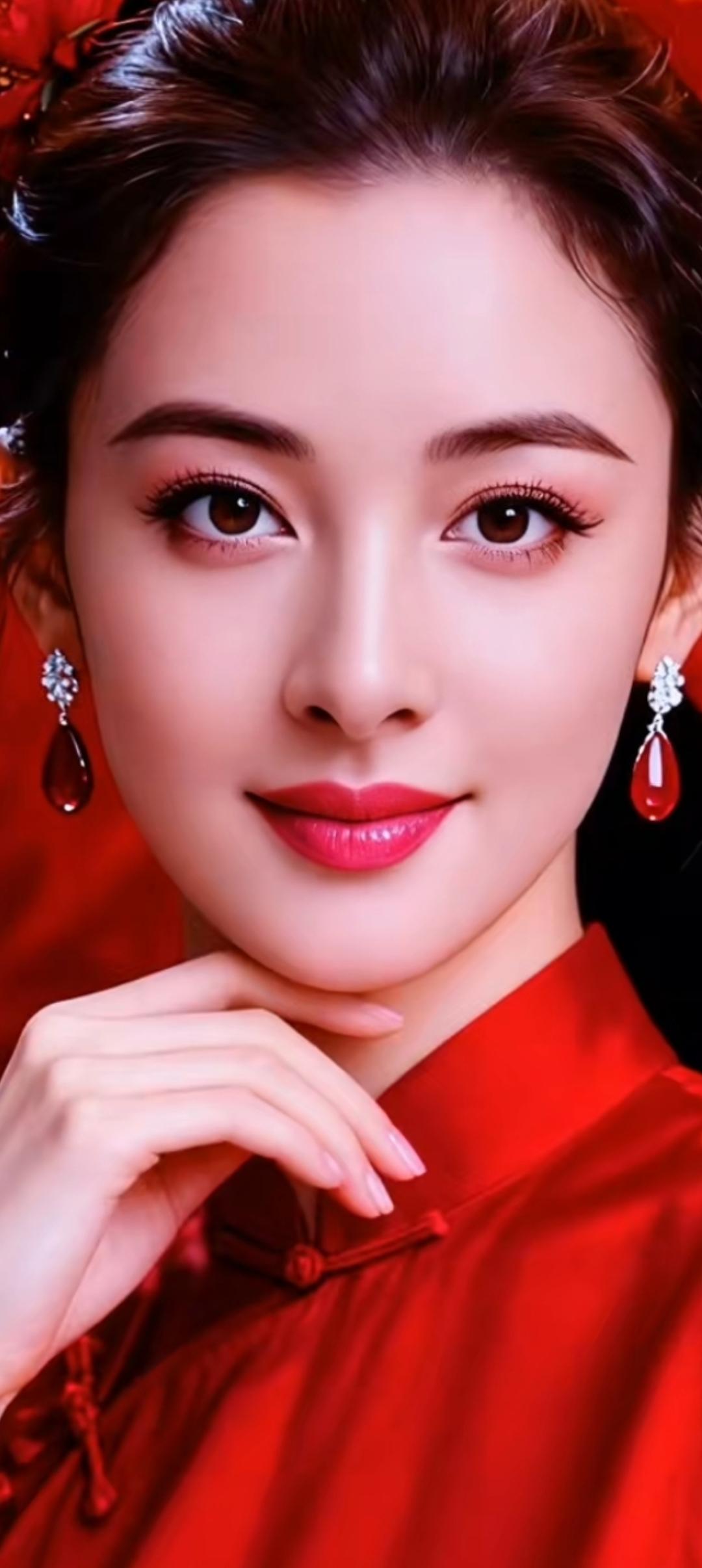 红衣美人，惊艳时光，一颦一笑间尽显东方韵味。