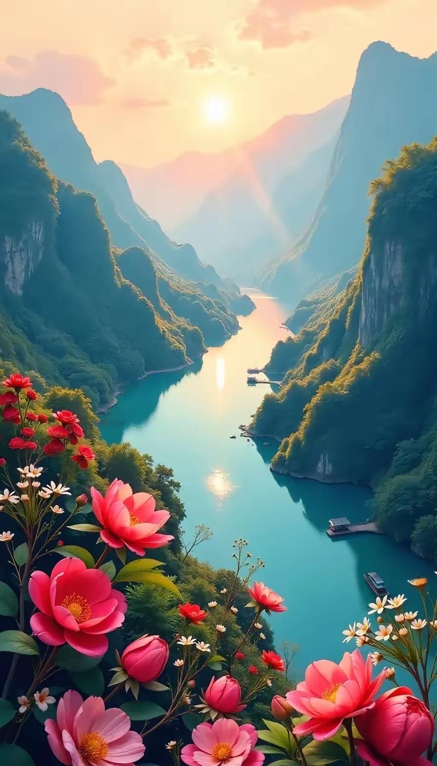 青山绿水江南意，
白雪皑皑塞北情。
横批：《南情北意》