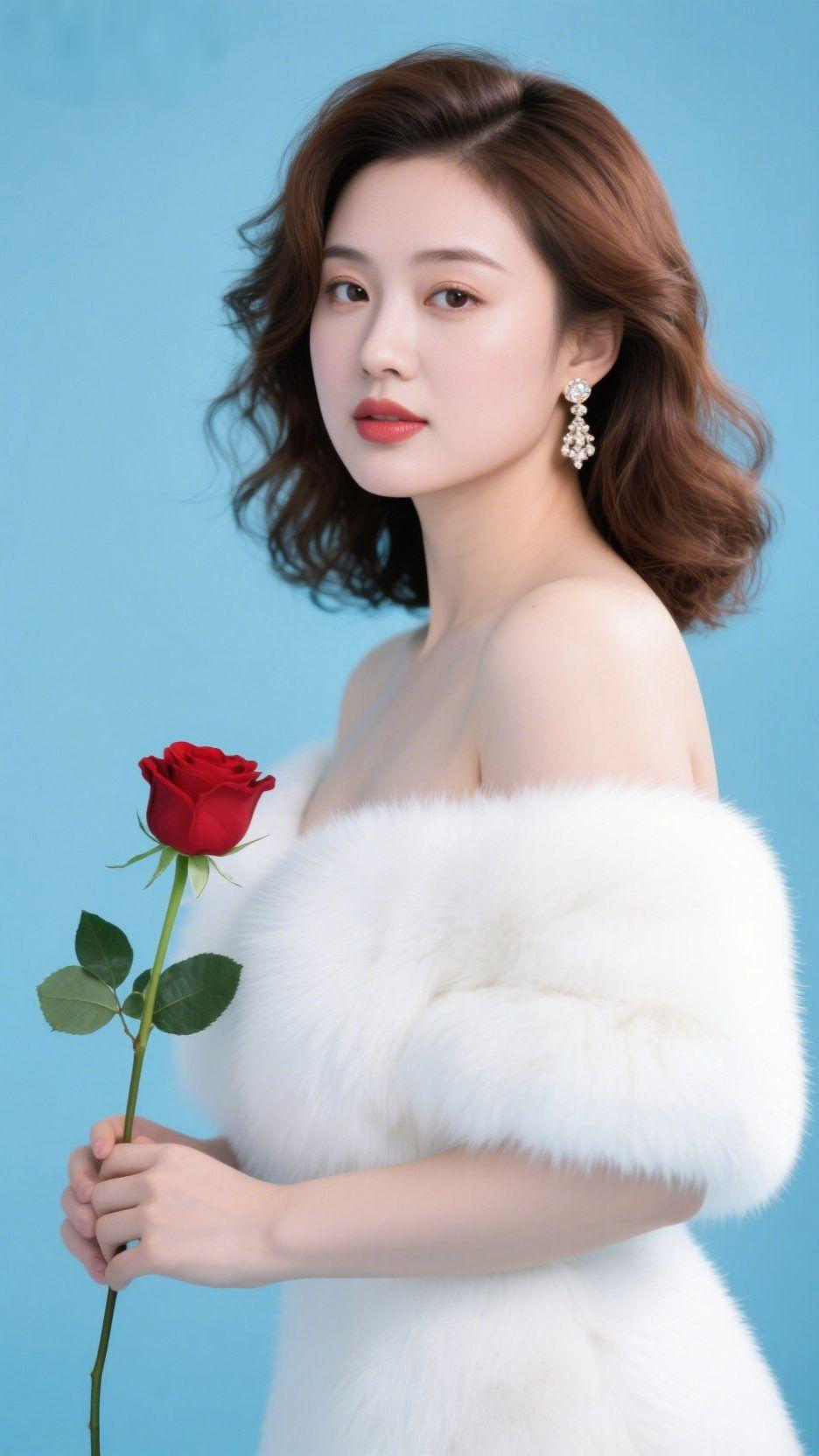 《白裘衬玫香》
 
浅蓝背景里，她肩头覆着蓬松白裘，像将晴日里最软的云拢在了身上