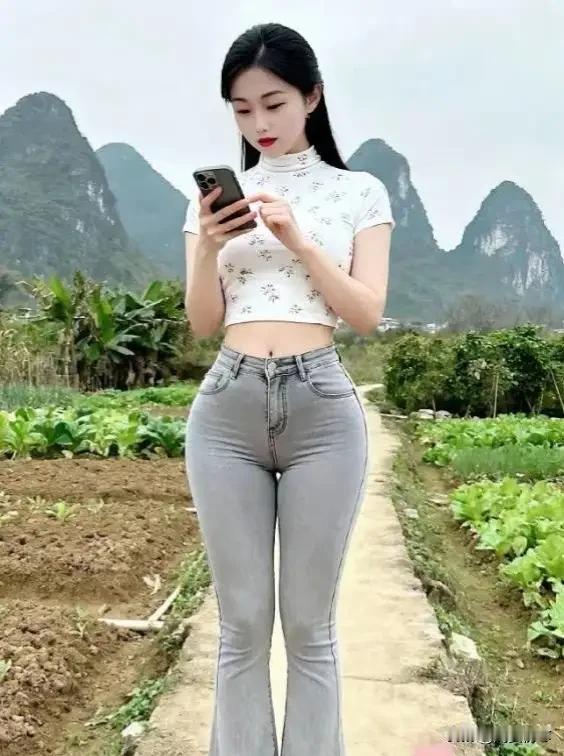 在田园风光中，甜美少女与自然和谐共处