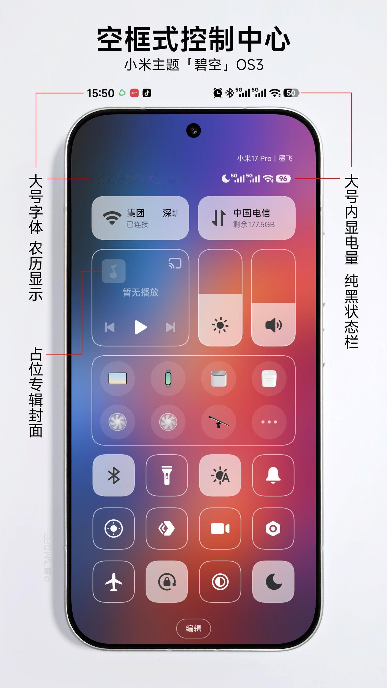 近期多款墨飞主题适配OS3，带来不同的控制中心样式。

今天两款更新，加上之前上