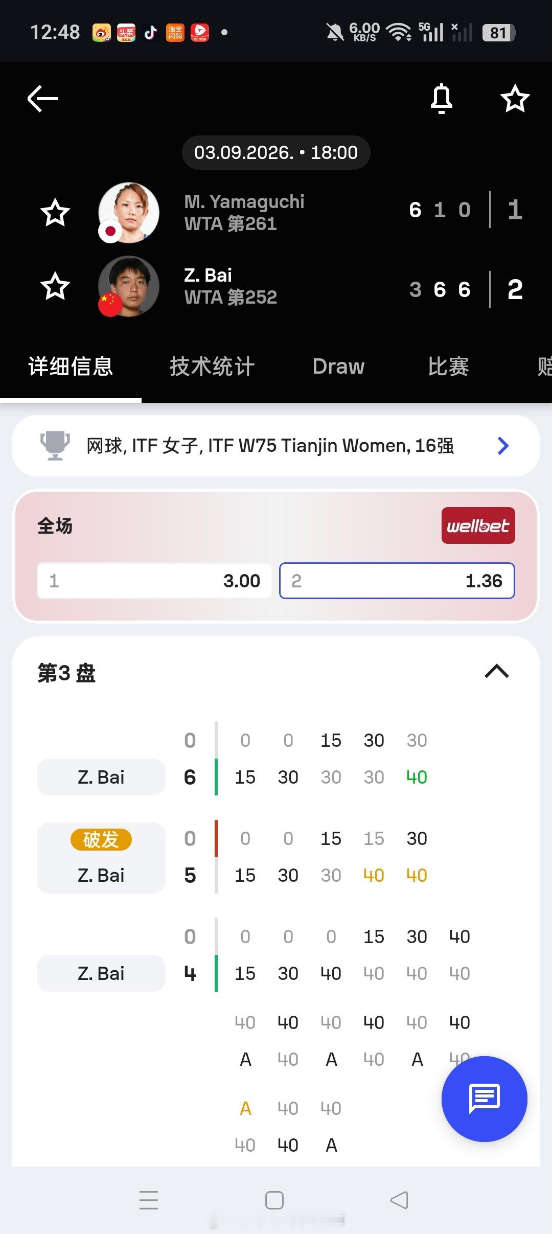小花小草资讯[超话]【 🇨🇳天津W75】女单第二轮🇨🇳白卓璇3-6/6-