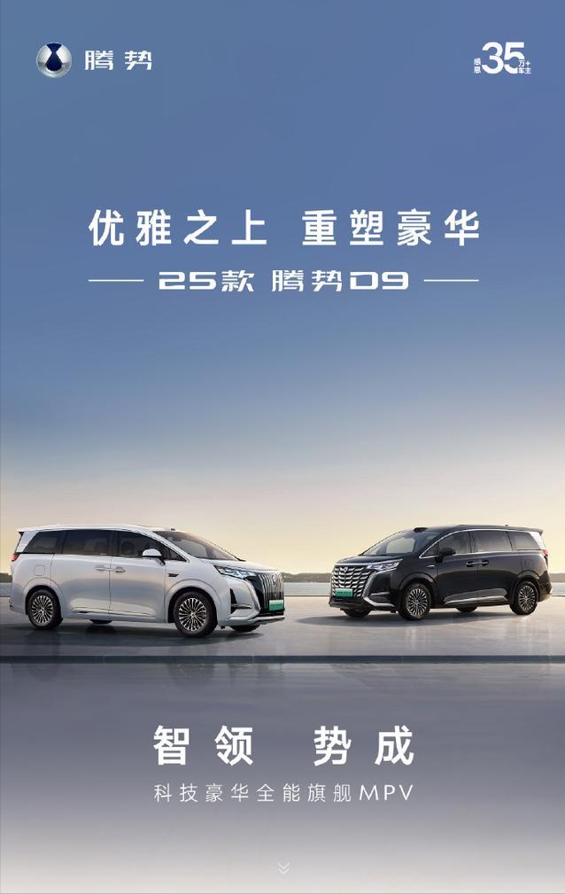 2025款腾势D9官图发布，外观针对混动版做了微调，中网内部改成了类似“L”型的