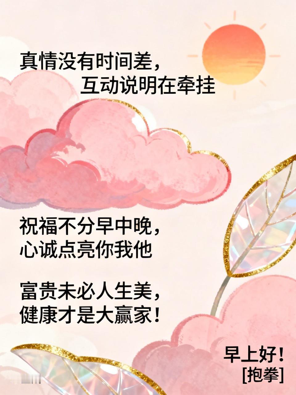 真情没有时间差，
互动说明在牵挂；
祝福不分早中晚，
心诚点亮你我他；
富贵未必