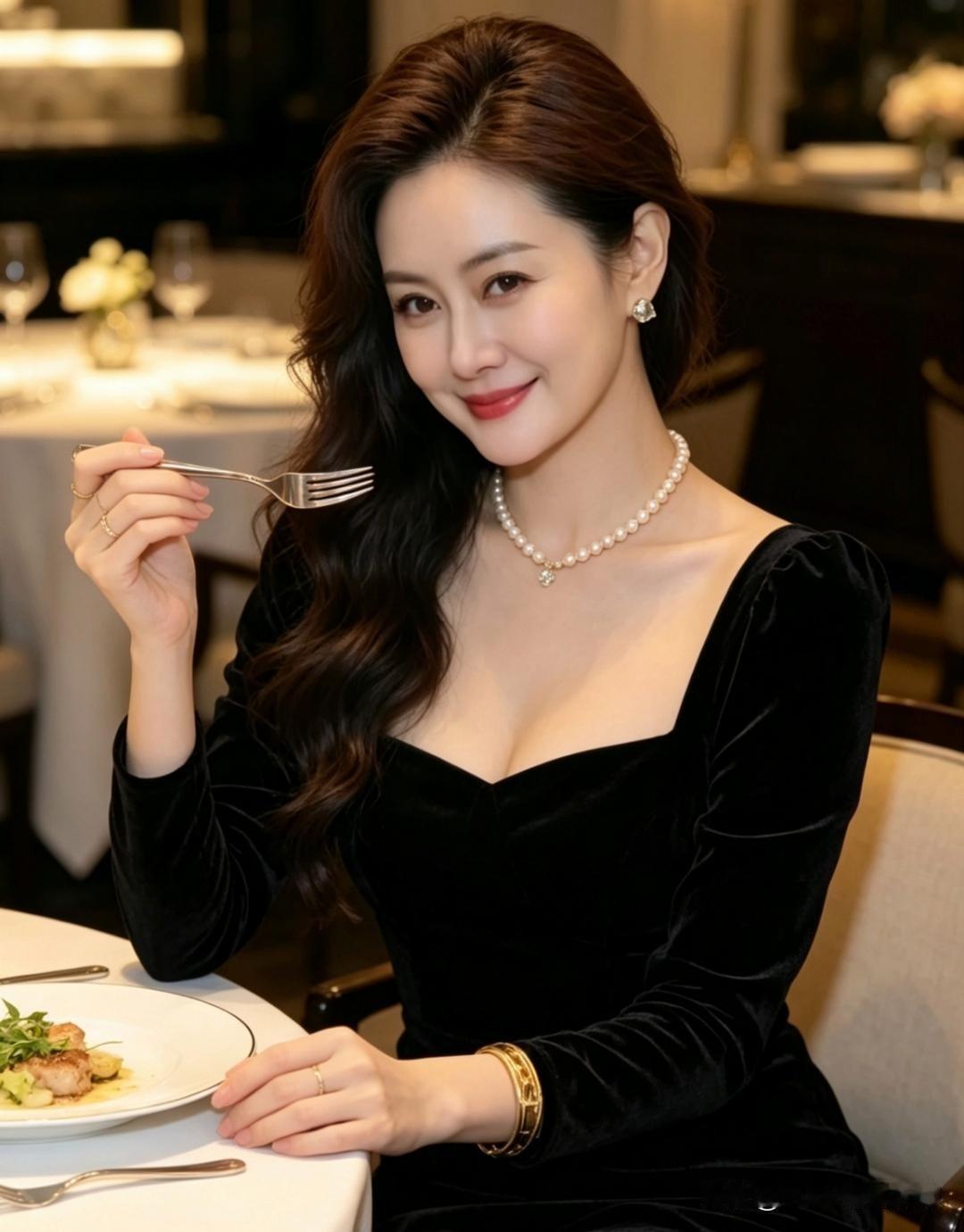黑丝绒盛着柔光，珍珠串起星芒。叉起一缕精致，她在餐宴的诗行里，将优雅酿成永恒的模