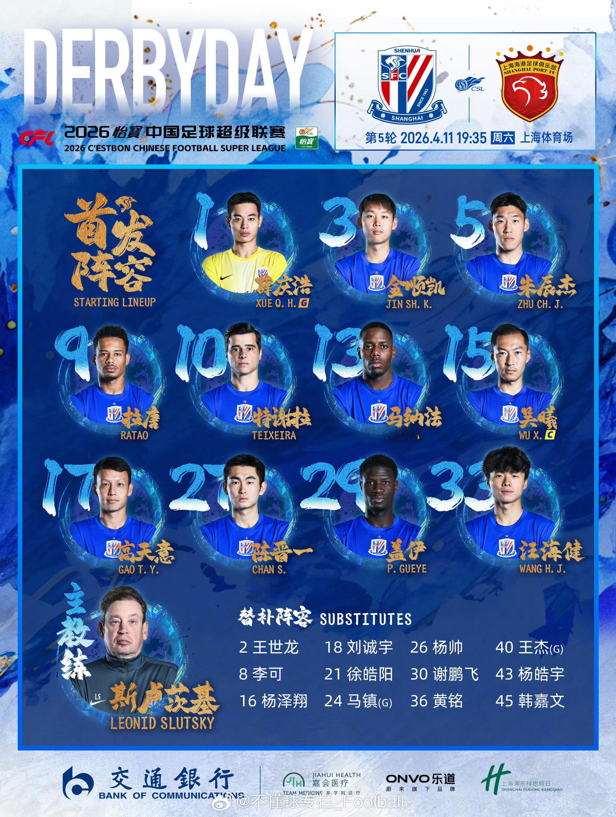 特谢拉复出米内罗继续缺阵，拉唐回归锋线搭档盖伊，汪海健六号位，其他没有变化。上海