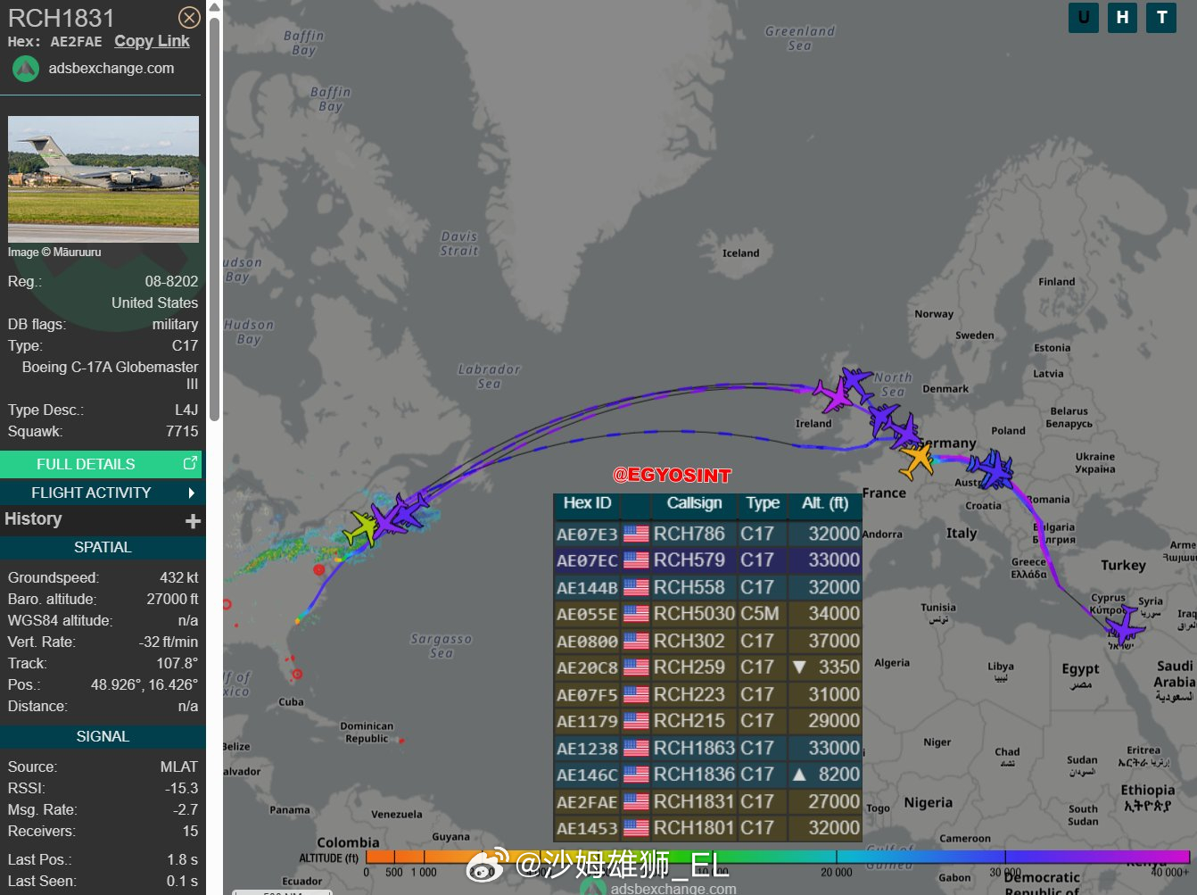 美军运输机持续向中东地区频繁运送武器弹药。 