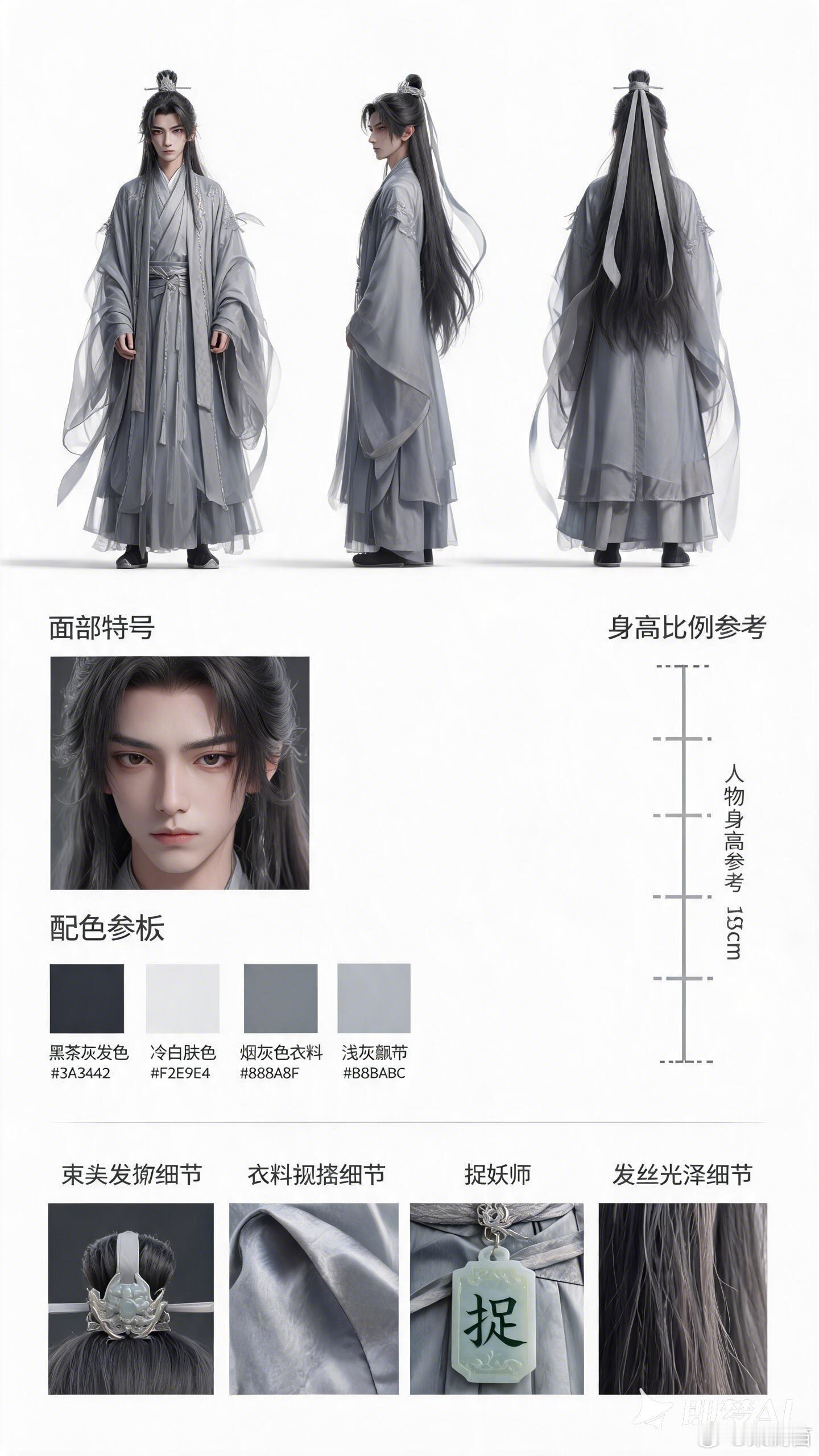人物形象提示词：（三视图）1.主视觉区 (上方)以 "正面 + 侧面 + 背面"