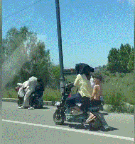 笑不活了！山东，一妈妈骑电动车载着孩子行驶在马路上，但因太阳实在太大，妈妈为了让
