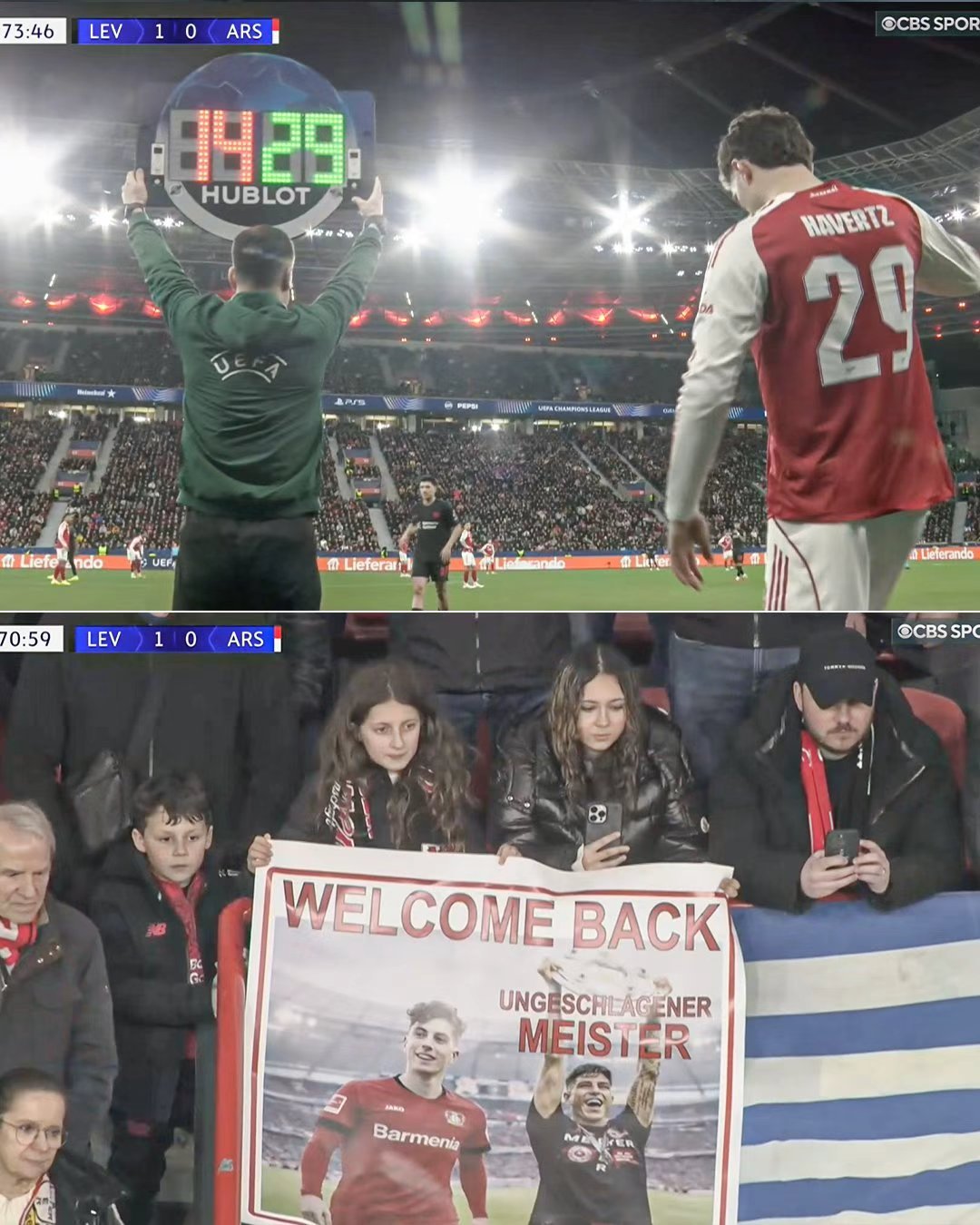 凯·哈弗茨回到他成名之地，受到了热烈的掌声。勒沃库森1比1阿森纳