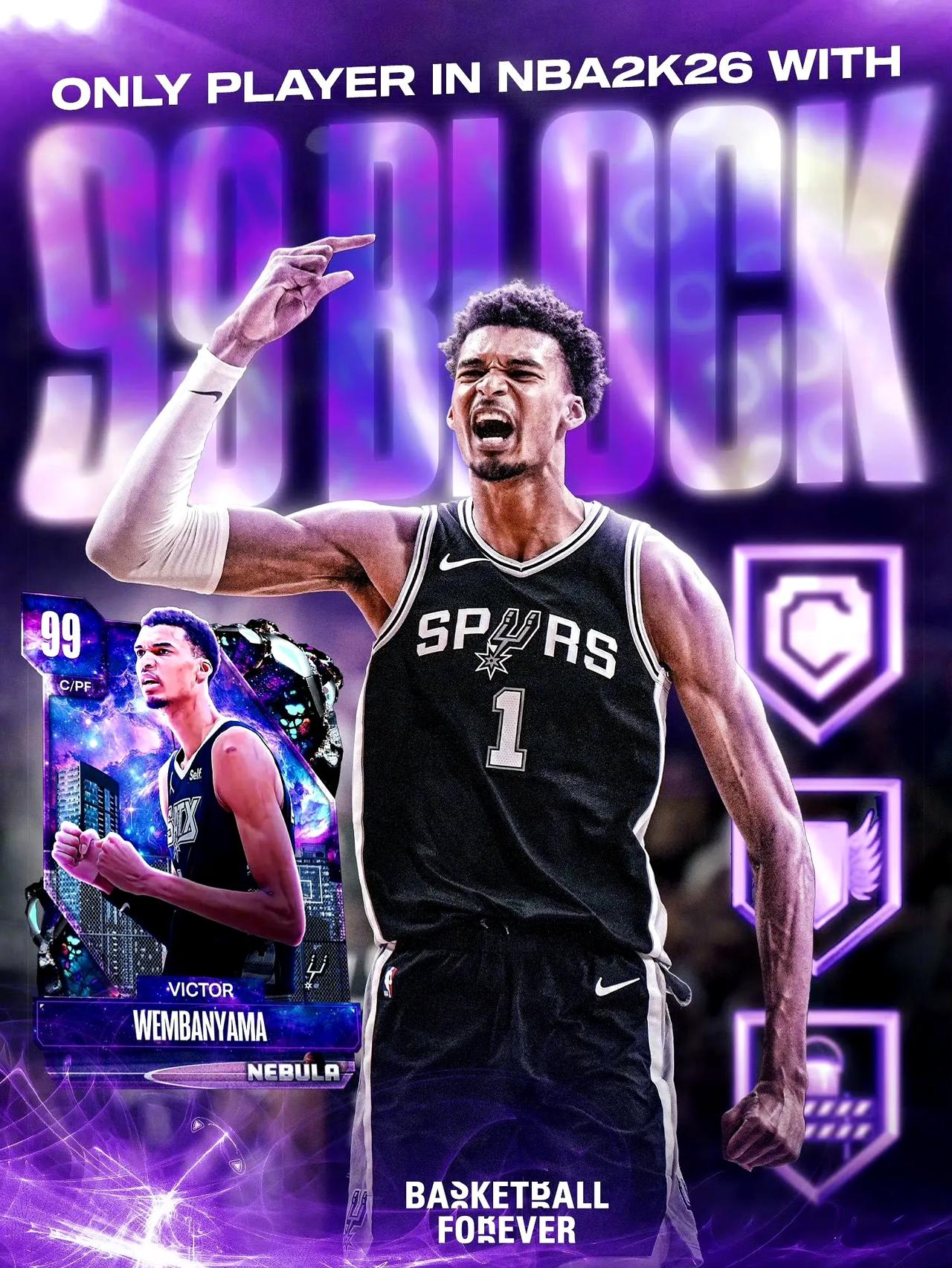 2K26中，文班亚马的盖帽属性，高达99，这完全符合他如今的封盖能力！

在NB