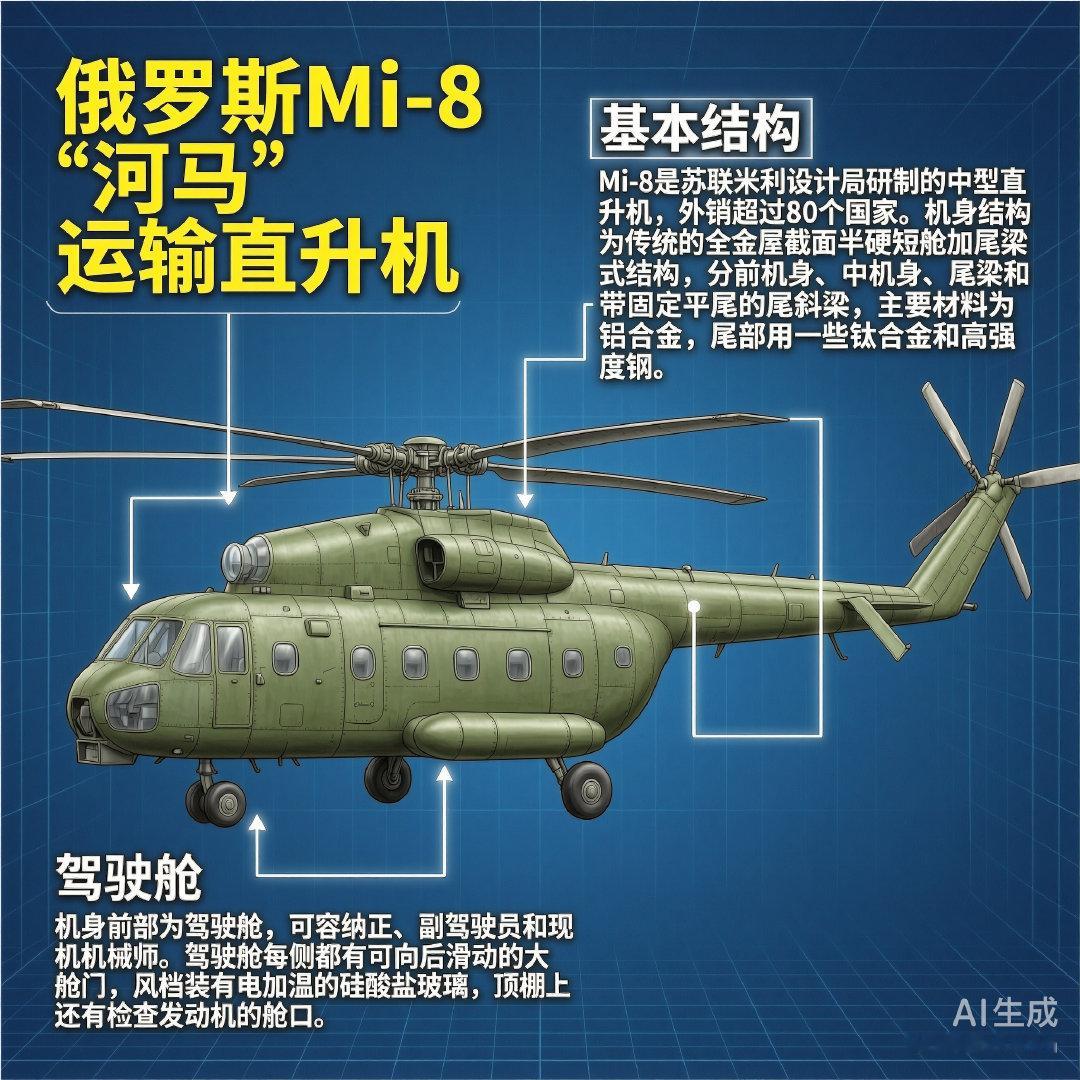 军事ai新视野 俄罗斯Mi-8“河马”运输直升机Mi-8是苏联米里设计局研制的中