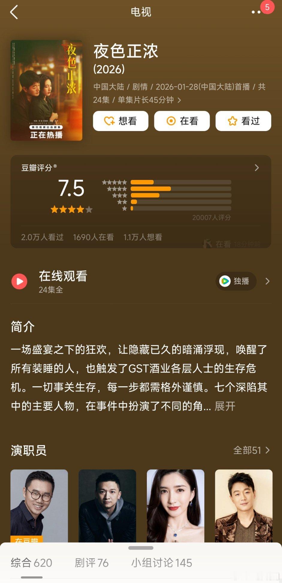 【二胖发布】夜色正浓豆瓣开分7.5 江疏影、佟大为主演的开年黑马口碑剧《夜色正浓