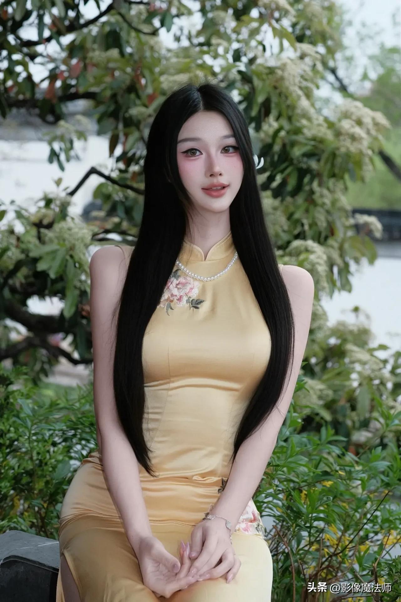 黄旗袍配长直发，温柔又大方！东方女性穿旗袍为什么这么美