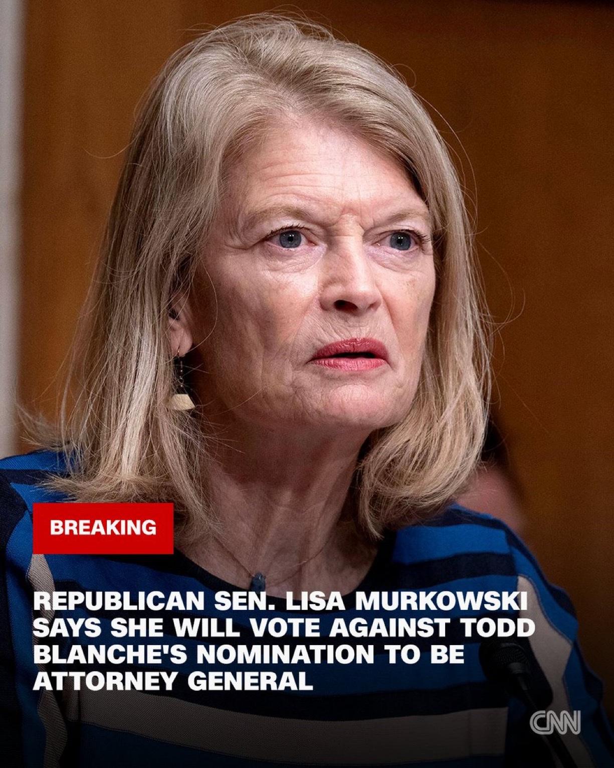 美国共和党参议员丽莎·穆尔科斯基Lisa Murkowski表示，她将投票反对托
