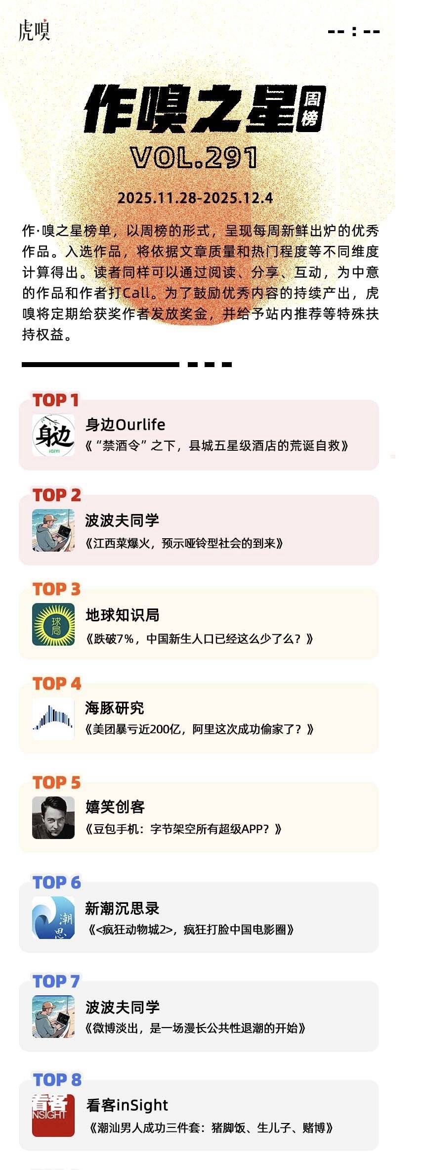 虎嗅[作·嗅之星]周榜第291期