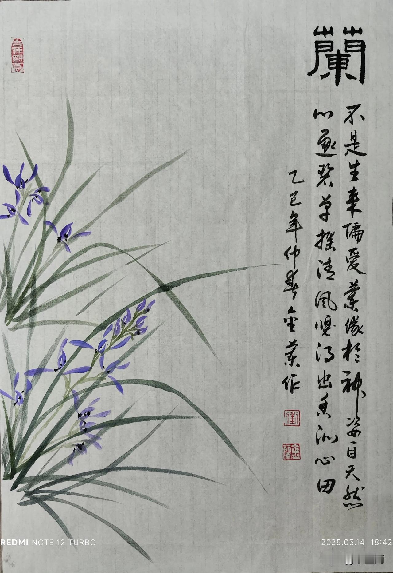 画兰：题古诗一首
不是生来偏爱兰，缘于神姿自天然。
心逐碧草摇清风，嗅得幽香沁心