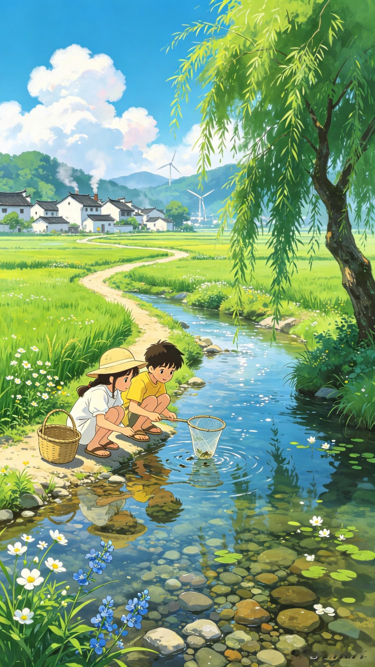 鹧鸪天·溪童

垂柳依依拂浅湾，白云影里白墙闲。
童稚双双蹲石上，一网轻捞碧水间