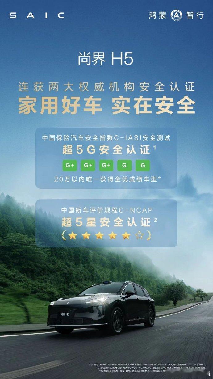 喜报！尚界H5拿下中保研全G/G+评分！作为鸿蒙智行体系的守门员，尚界H5的高分