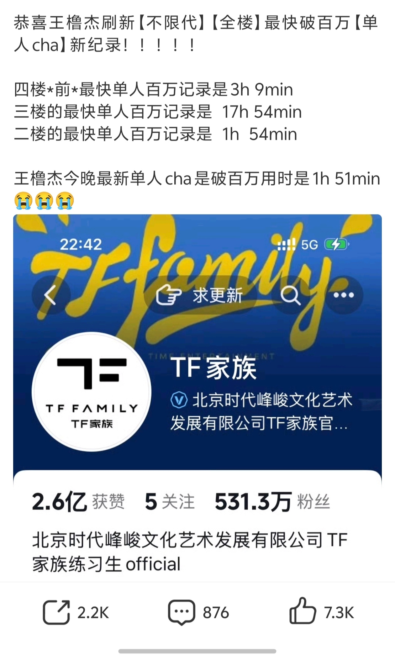 王橹杰刷新【不限代】【全楼】最快破百万【单人cha】新纪录，用时是1h51min