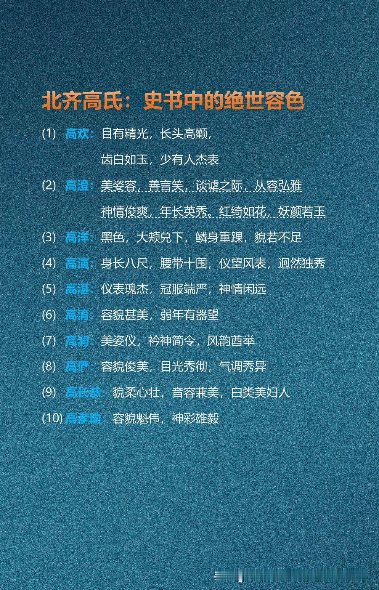北齐高氏：史书中的绝世容色

北齐高氏一族在史书中多容貌出众，大多仪表俊美、身形