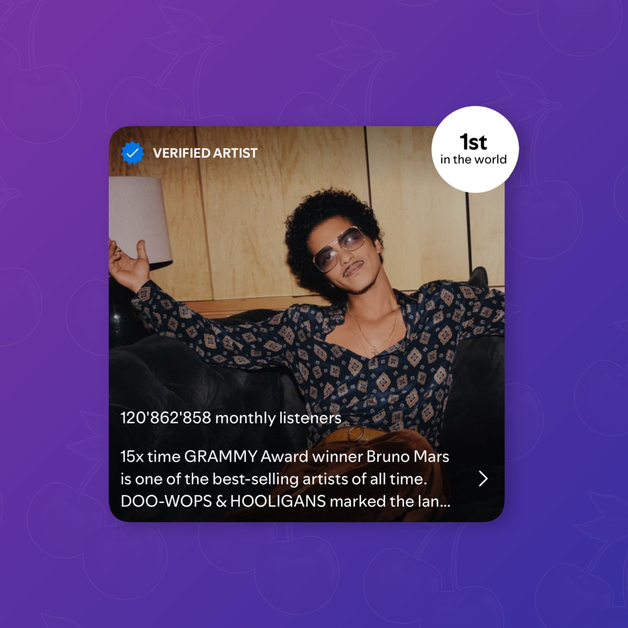 火星哥Bruno Mars在流媒体Spotify平台月听众人数达到1.2086亿
