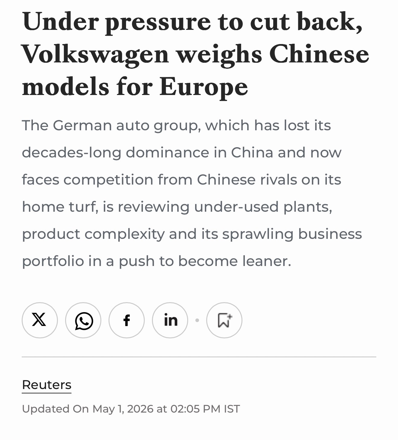 路透社：减成本压力下，大众汽车考虑将中国车型引入欧洲。大众汽车首席执行官奥利弗·