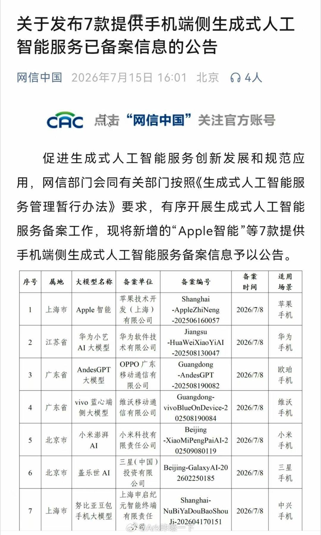 华为苹果等7款手机AI获审批苹果 华为 vivo OPPO 小米 努比亚 三星已