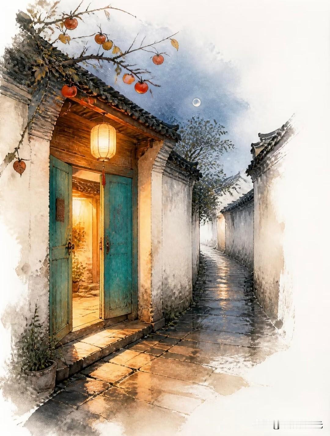 柿红灯暖江南巷，秋水轻舟载满人间温柔秋光
哇饭江南秋晚插画分享 江南初秋氛围感 