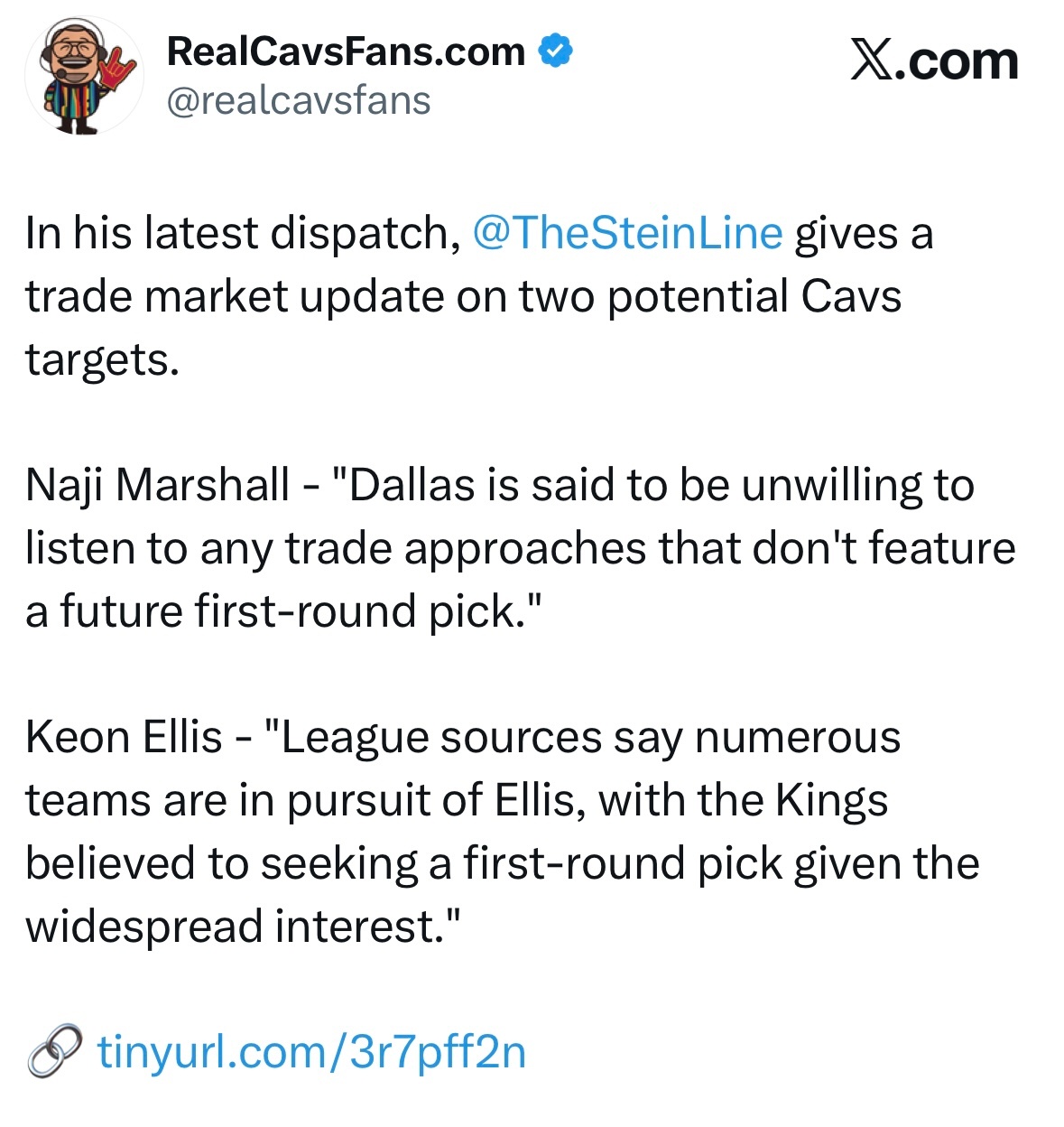 Marc Stein：骑士潜在引援目标，马绍尔和埃利斯，两位球员预计都需要首轮签