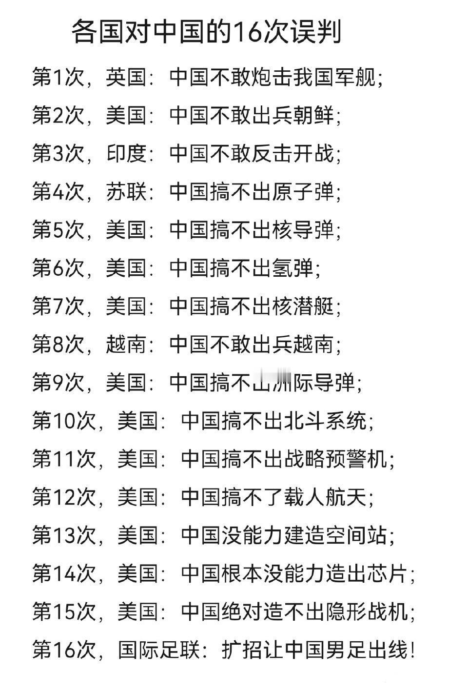 历史上西方等国对我国的16次误判，第16次误判的有点严重……