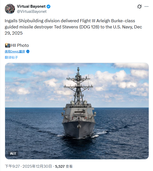 HII赶在年底交付了USS Ted Stevens（DDG-128）