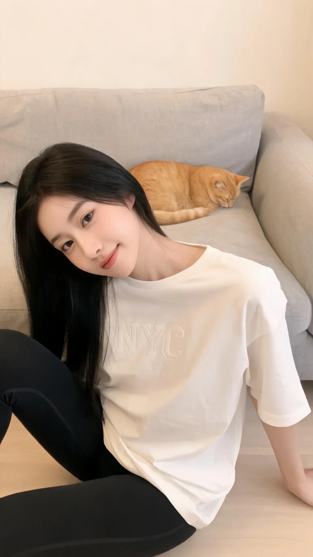中国年轻女性，黑长直发，脸型柔和，眉眼温柔，带慵懒笑意，侧坐在地板上...