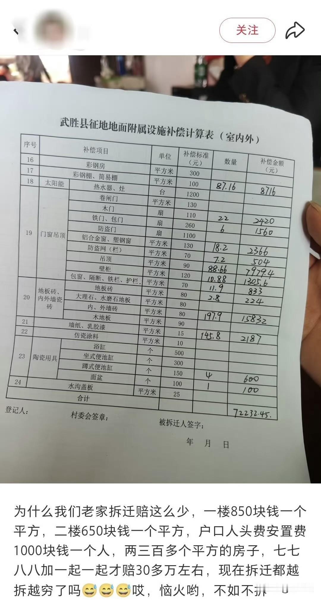 网友发帖称自己老家广安武胜县拆迁安置补偿费：一楼850块钱一个平方，二楼650块
