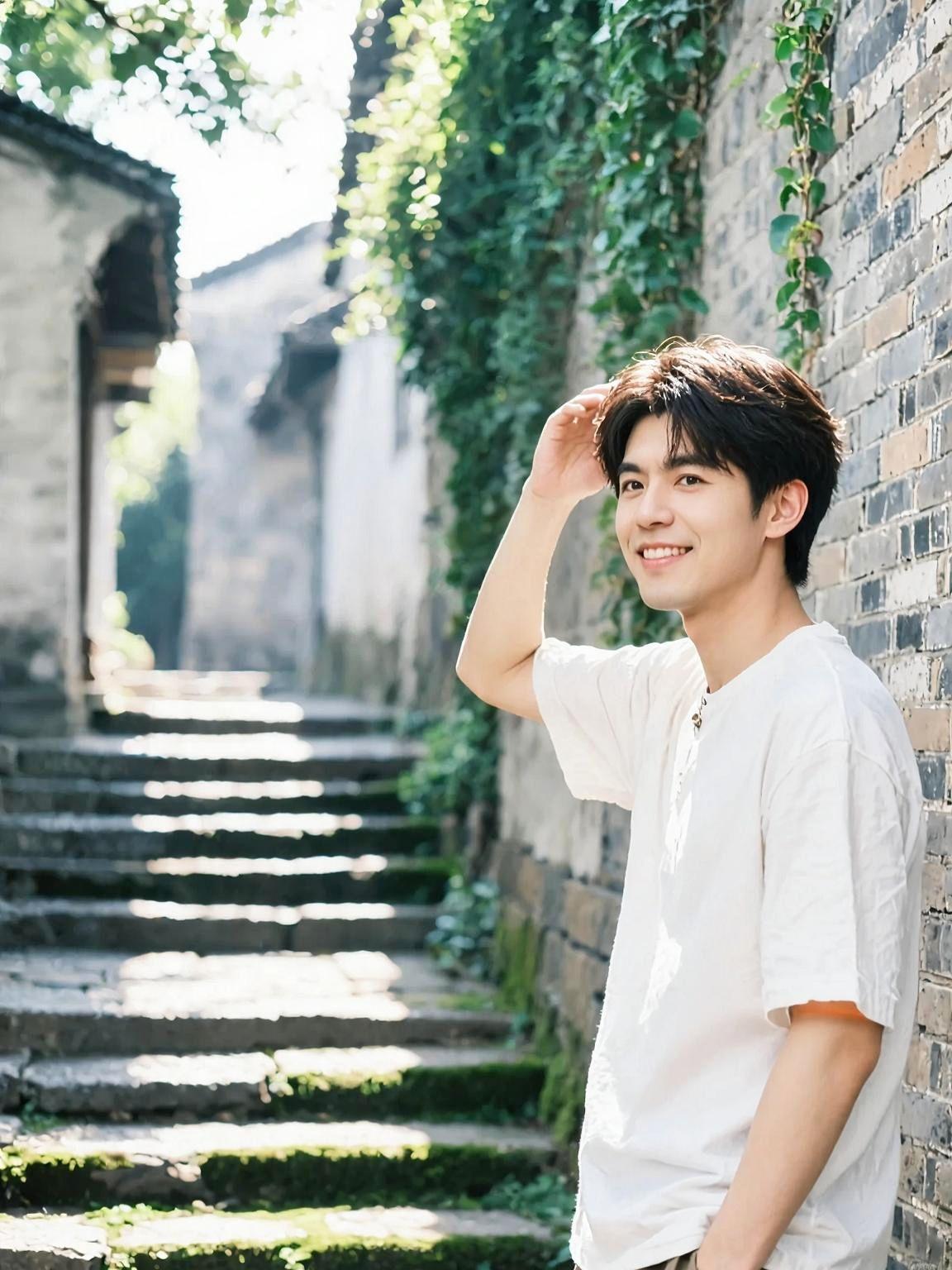 ☀️石阶爬满青苔，时光在墙缝打盹🌿。白衬衫揉碎阳光，一笑撞碎江南的温柔💫