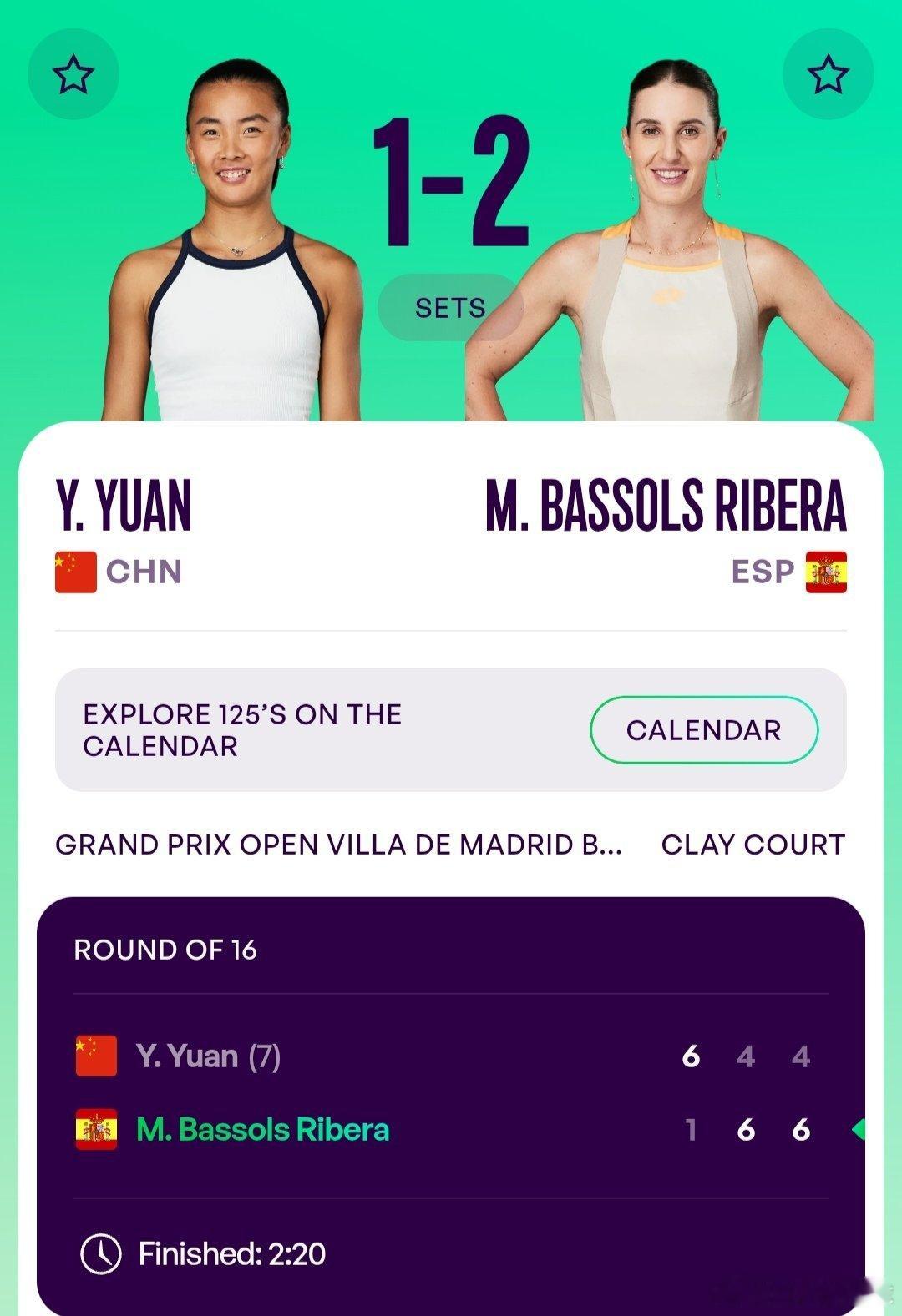 WTA125马德里站🇪🇸女单第2轮袁悦🇨🇳6-1/4-6/4-6不敌里韦