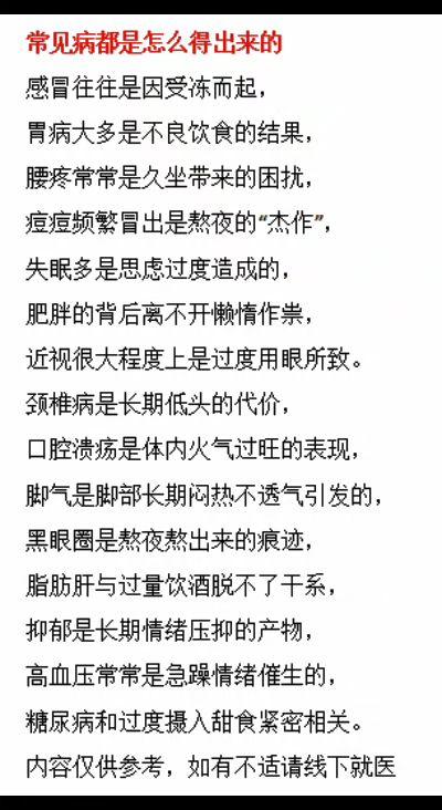 常见的病都是怎么得出来的，你知道吗？知道常见的小毛病是怎么形成的，才能...