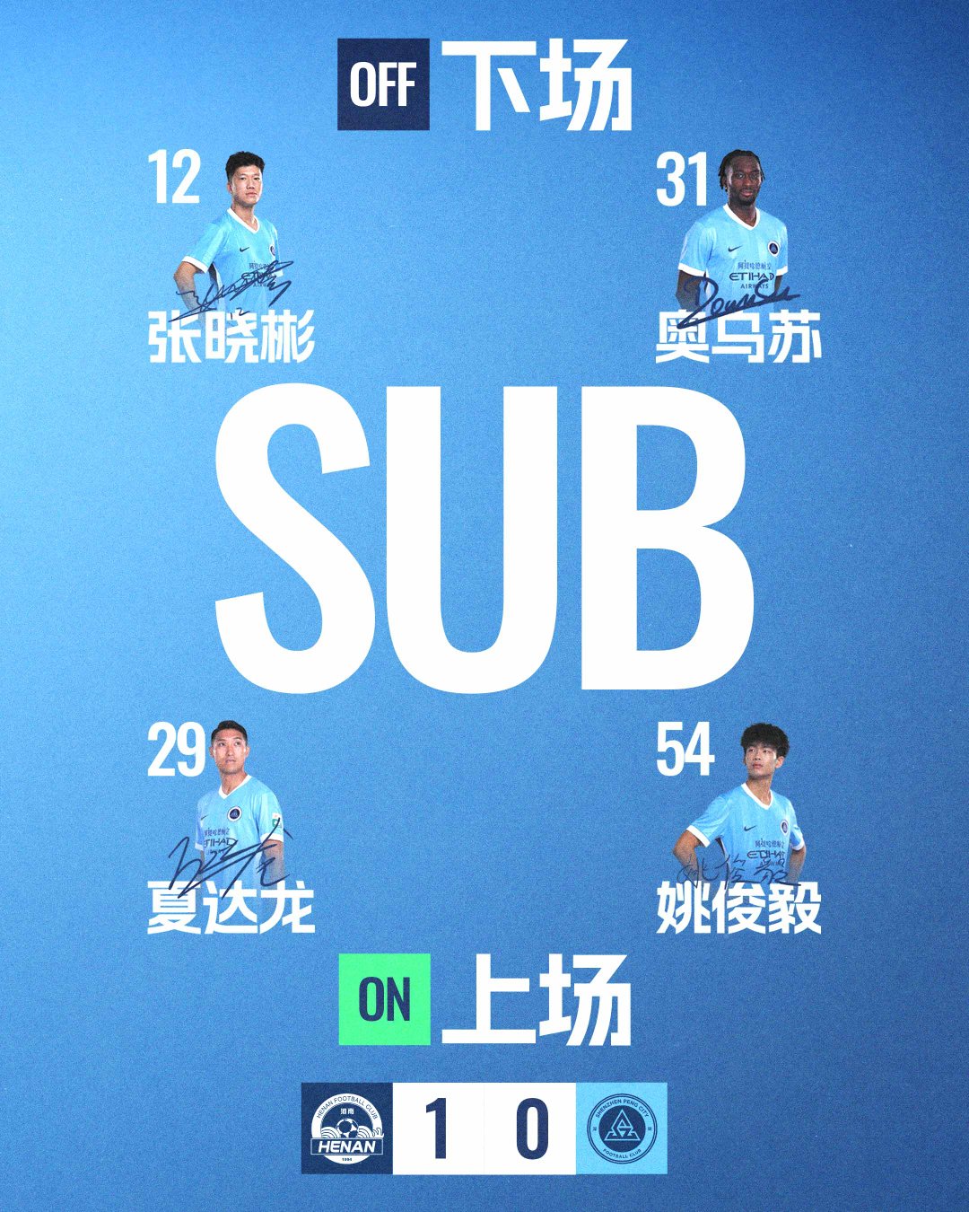 第82分钟，深圳新鹏城换人夏达龙、姚俊毅登场换下奥乌苏、张晓彬河南俱乐部彩陶坊v