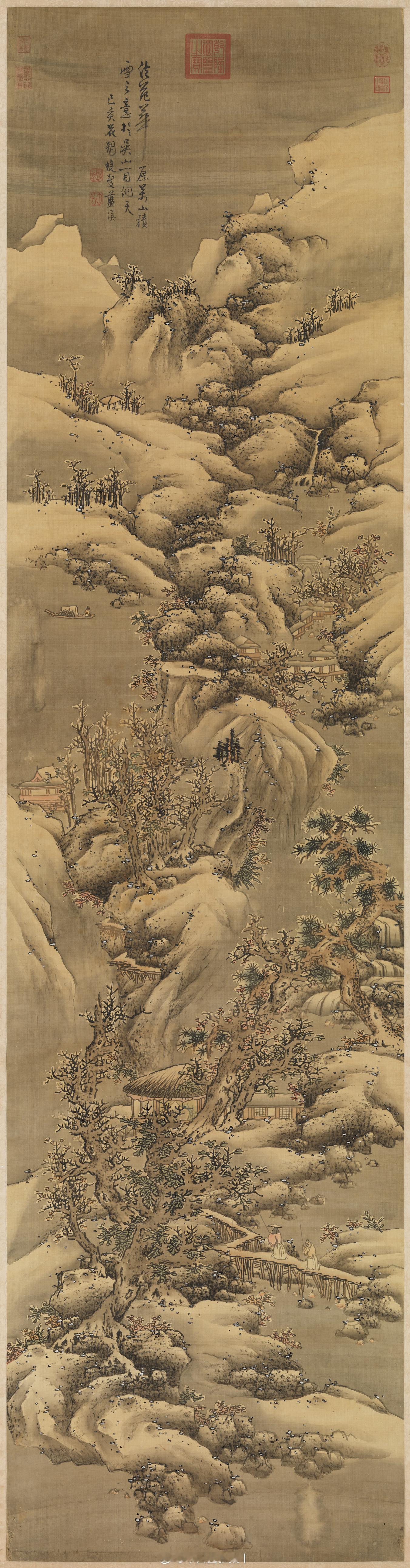 明 蓝瑛画雪景　轴此幅画溪山积雪，其间点缀楼宇、蓬舟、危桥、栈道和行人。山石纯用