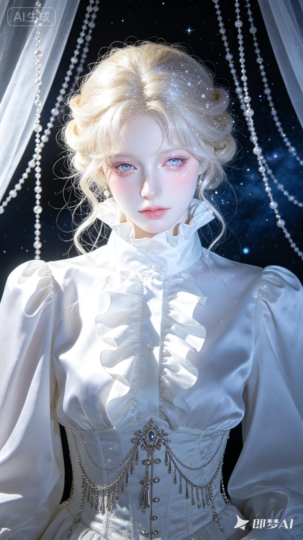 梦幻仙境中的优雅少女，银发闪耀，宛如星辰坠落。