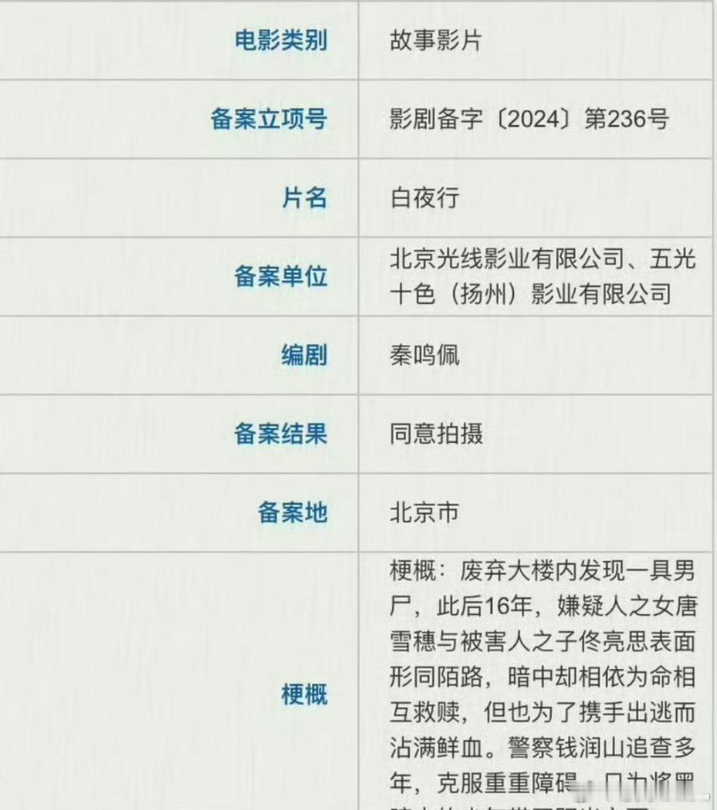 光线《白夜行》🎬导演:柯汶利男主：蒋奇明 