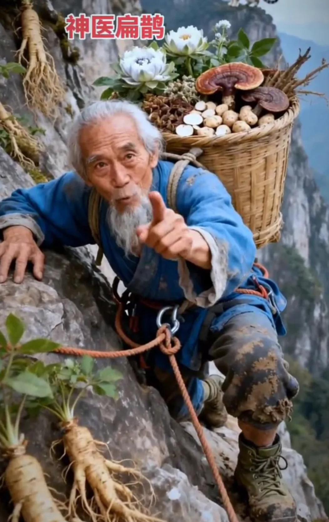 神医扁鹊正在悬崖边找灵芝仙草，这地方陡得很，他小心地抓着石头慢慢往下探。突然脚下