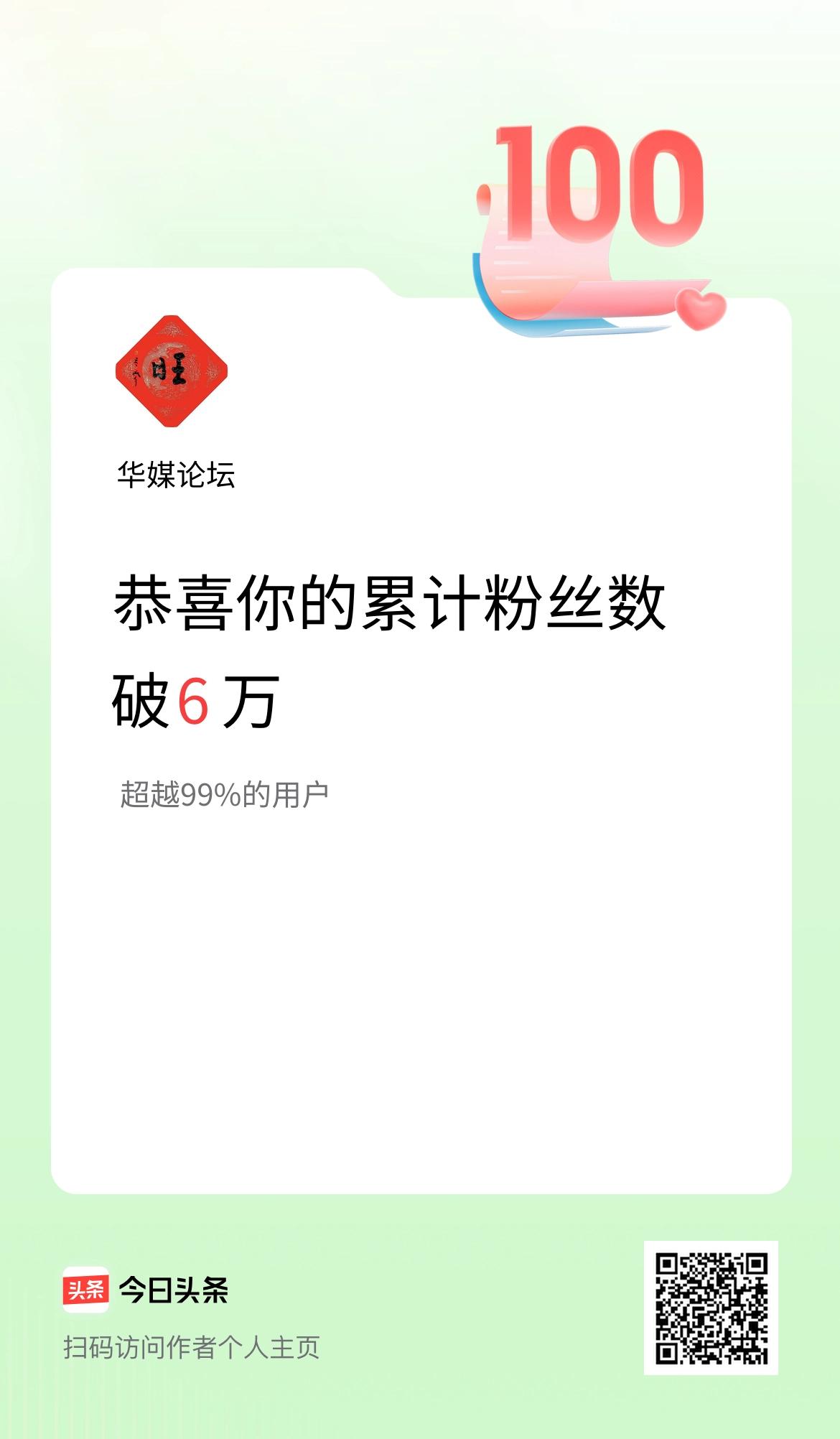 我在头条累计粉丝数破6万啦！