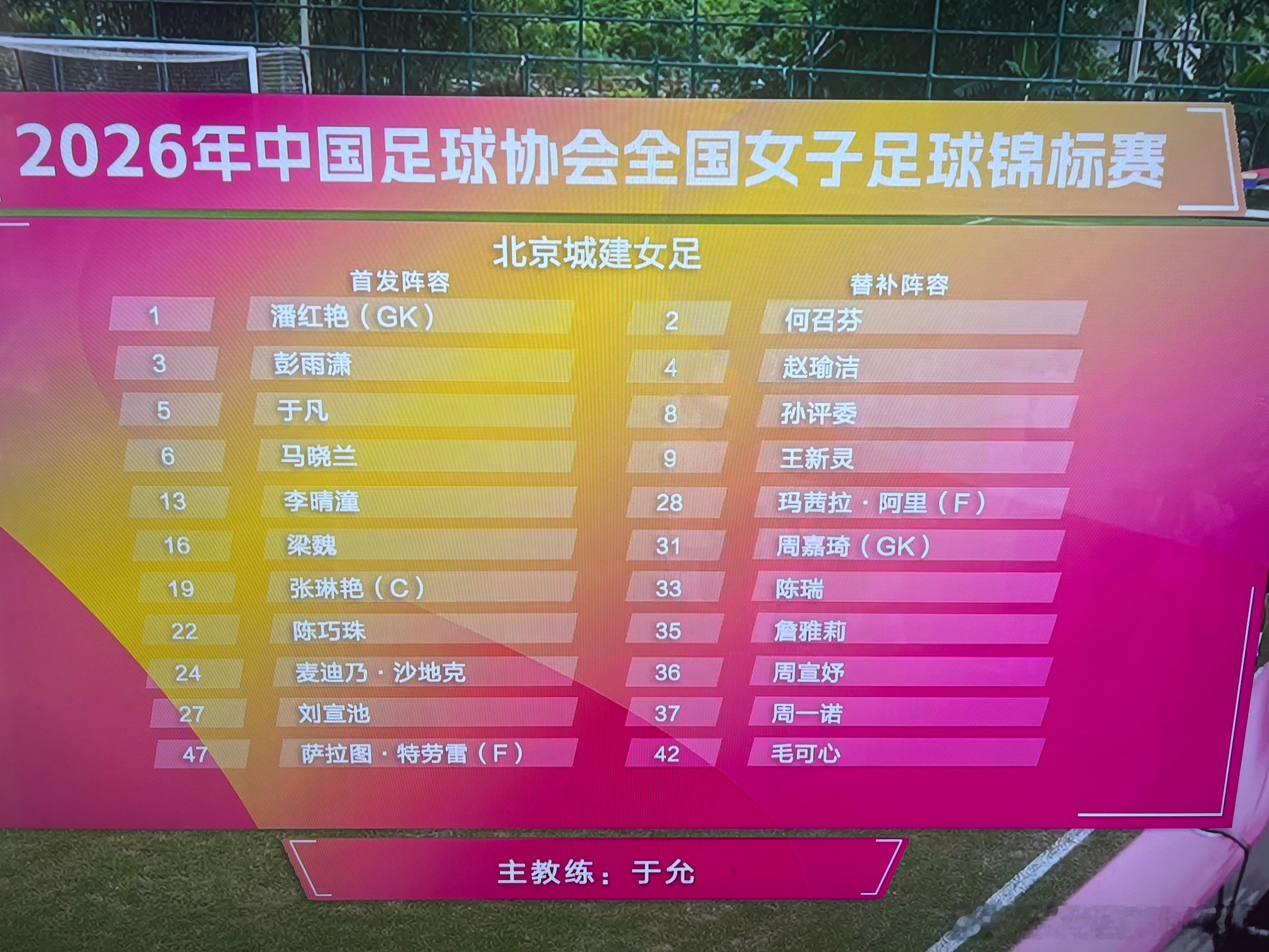 女足锦标赛半决赛，首发阵容：潘红艳、陈巧珠、李晴潼、于凡、彭雨潇、马晓兰、刘宣池