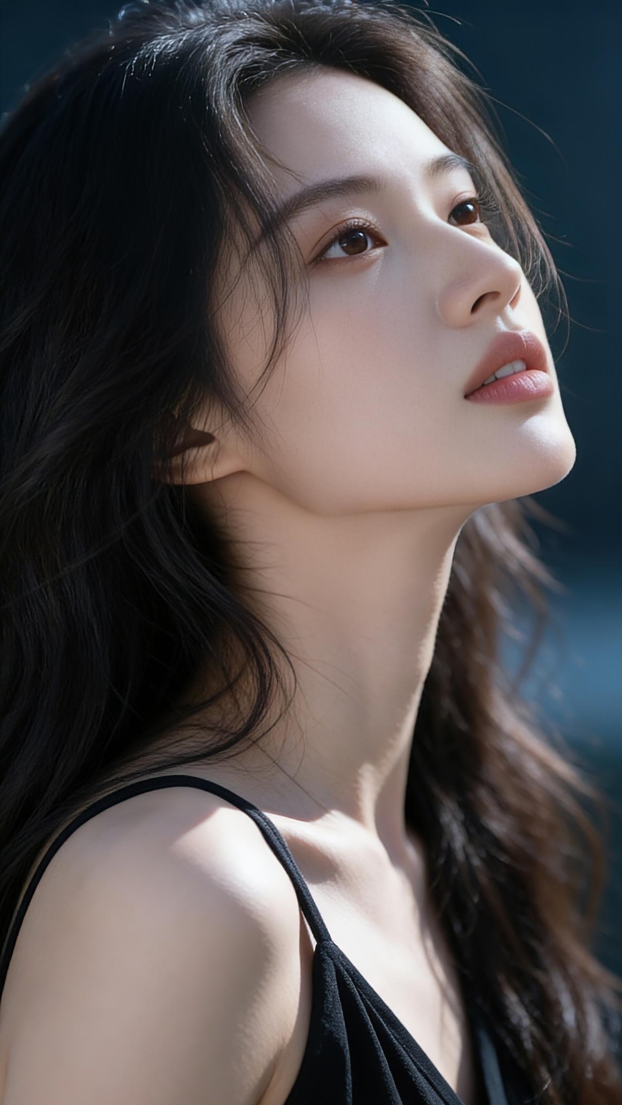 九帧同绘侧颜温婉仙！乌发如瀑垂落，黑吊带衬雪肌莹润。深蓝背景织静谧，微风拂发添灵