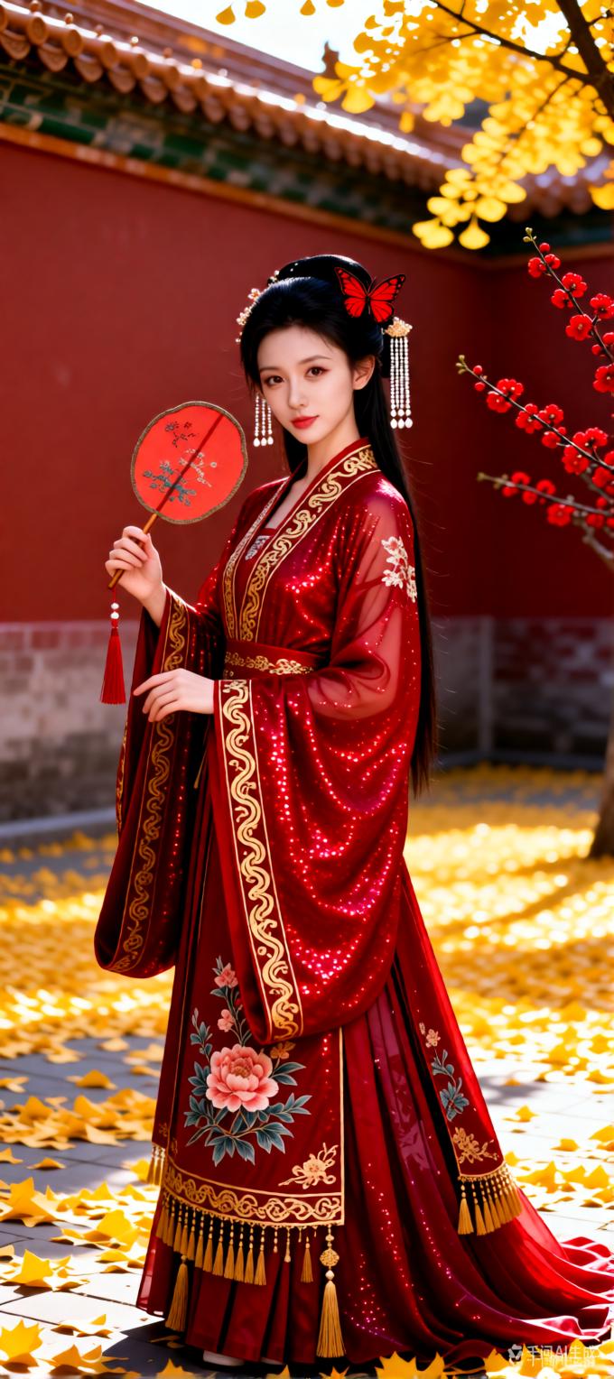 什么样的穿搭可以成为气质女神? 秋日宫廷风，红衣美人手持团扇，置身金黄落叶中，古