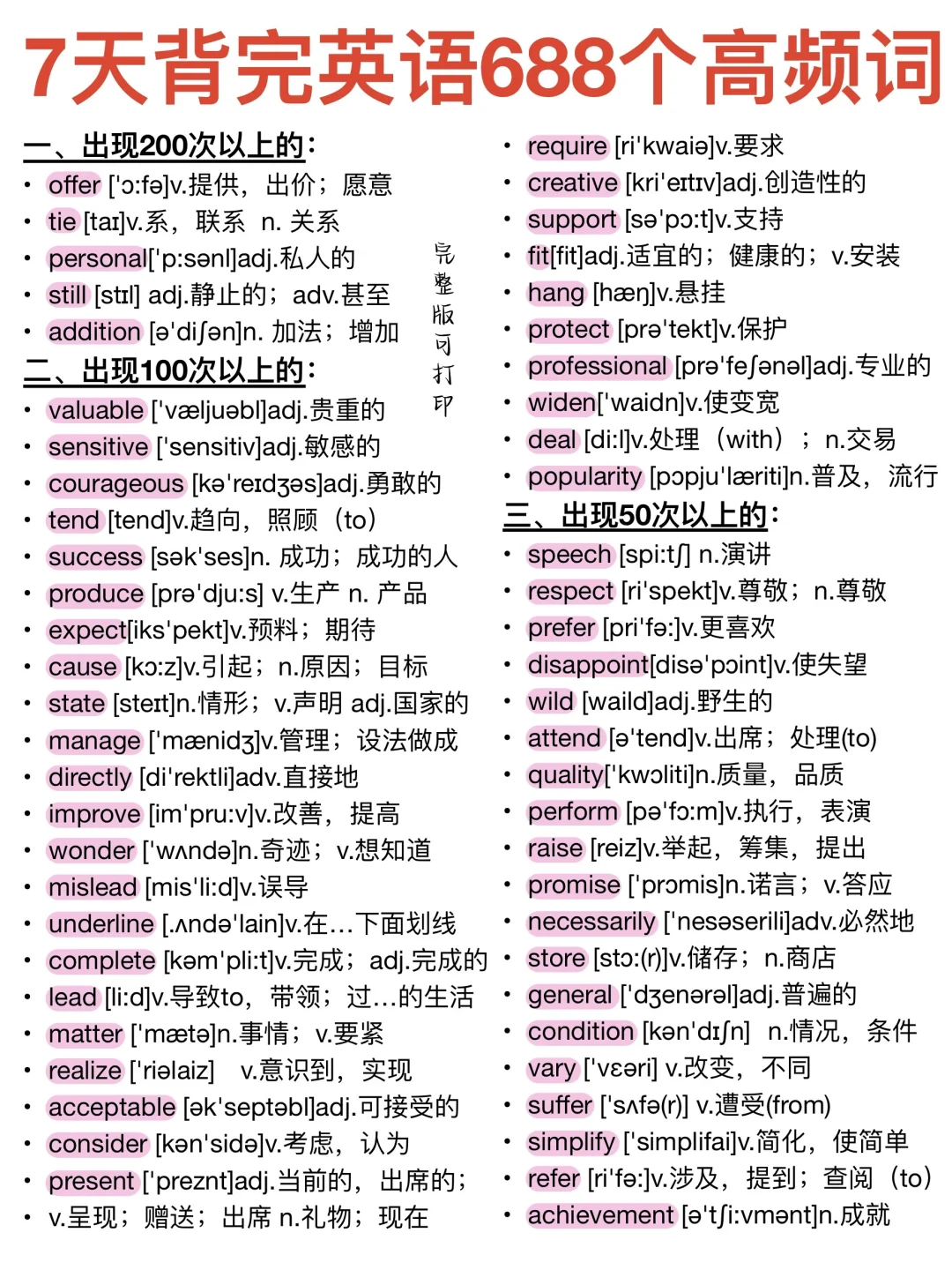 7天背完❗️英语核心688个高频词！配有音标释