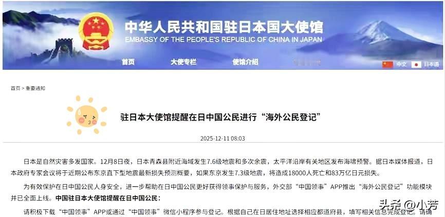 中国开始清点在日华人数量
日本一下子慌了
12月11日中国驻日本大使馆发布通知