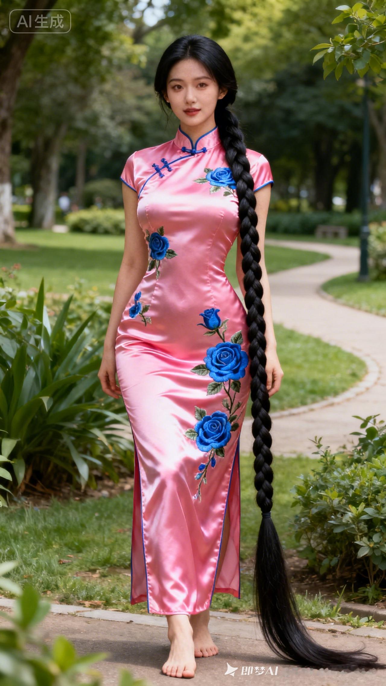 粉嫩旗袍与黑发长辫的完美结合，尽显东方古典美！