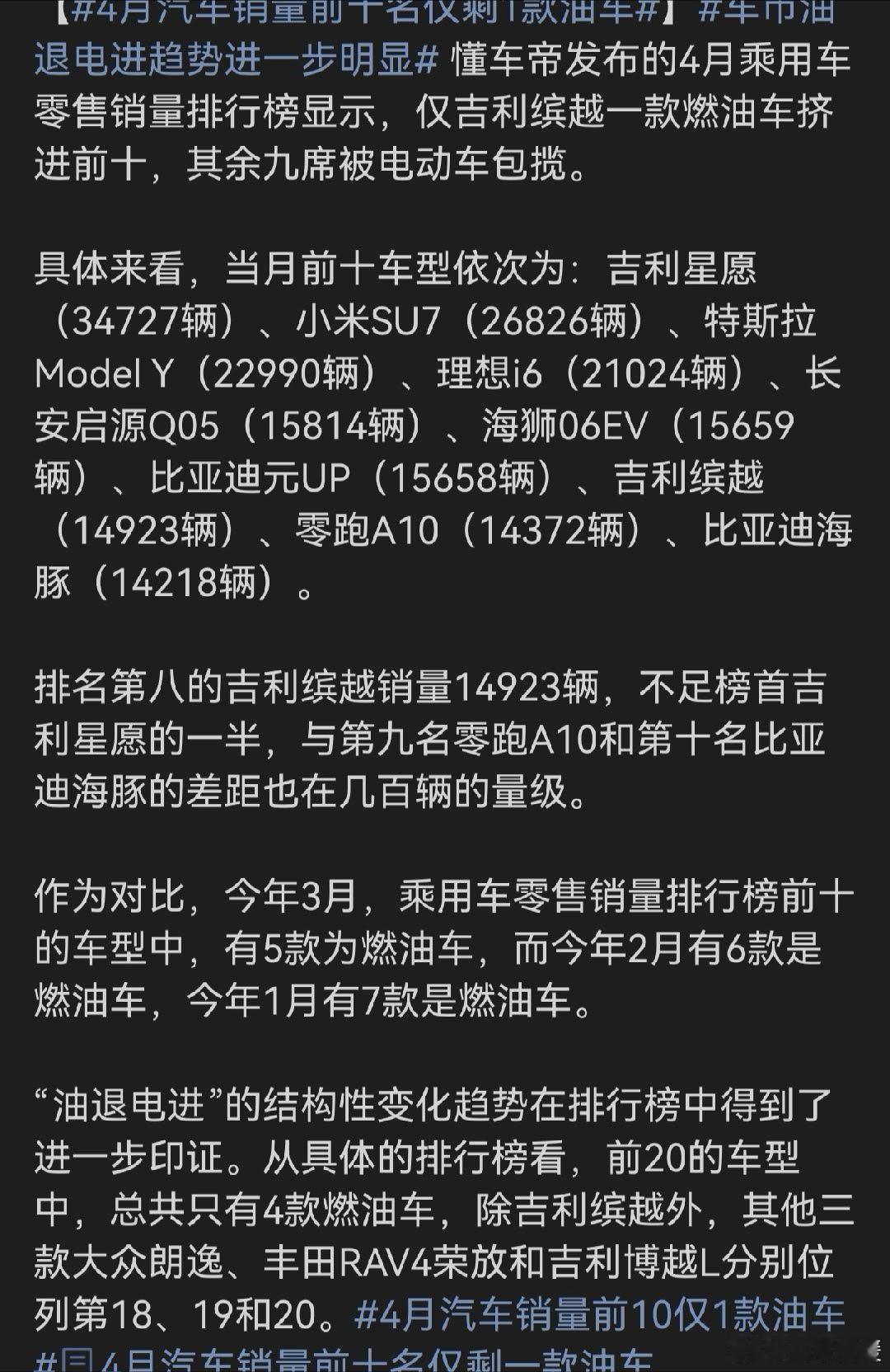 刷到4月汽车销量的消息，还是被惊到了。前十榜单里，居然只剩吉利缤越这一款油车，剩
